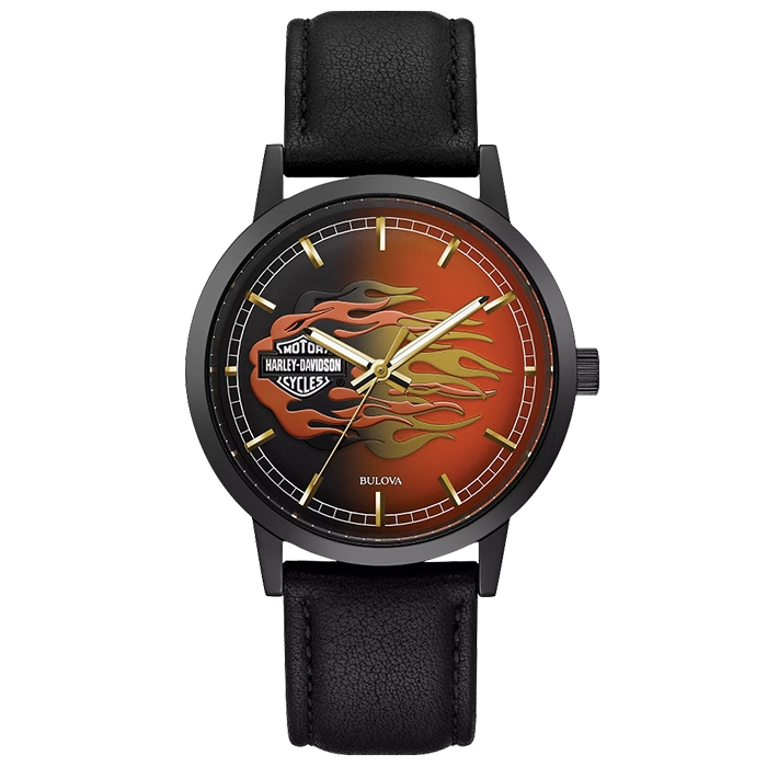 Harley Davidson Leather Strap Black To Orange Flame Dial Watch For Men -  Bijouterie Langlois