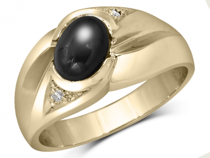 Omni Cabochon Black Star Sapphire and Diamond Ring For Men in 10K
