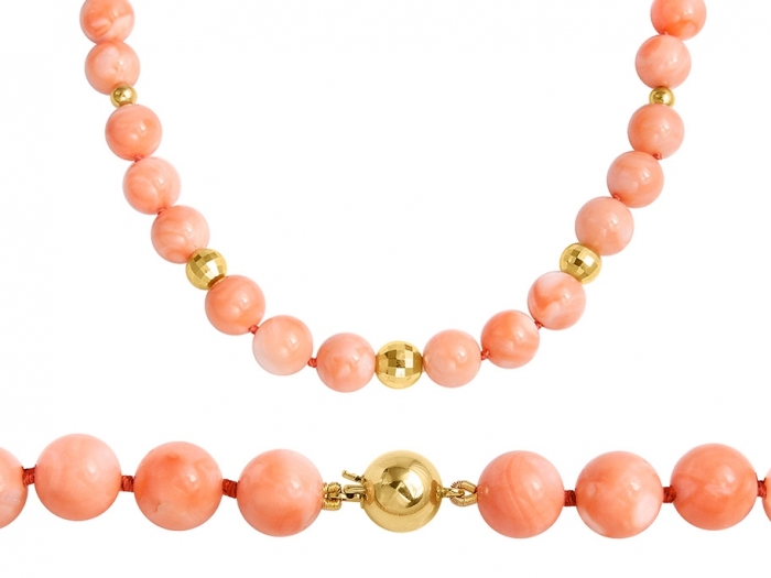 Rare pink coral necklace with gold beads and bead clasp