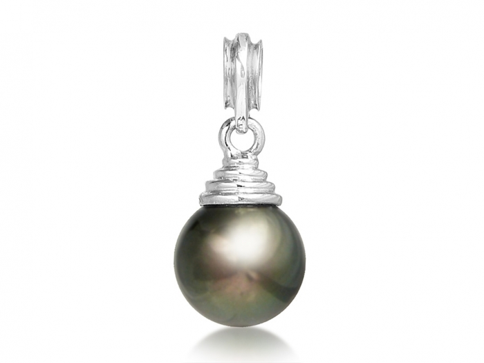 Pendente de perle noire tahitien en or blanc avec diamant - 8-10 mm