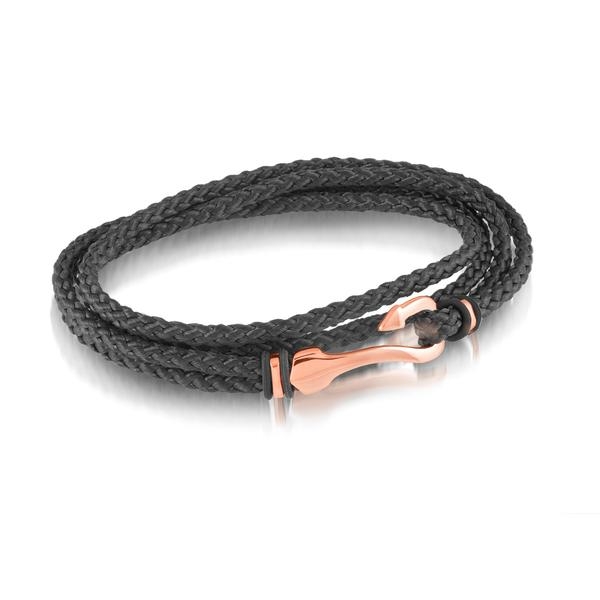 Italgem Black Cord Rose-IP Plated Stainless Steel Hook Bracelet for Men