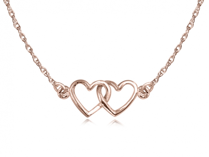 10K Yellow Gold Double Heart and Rope Chain Necklace For Women