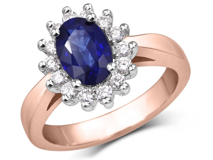 Consider Pine Aquarium Lady Di 14K Rose Gold Blue Sapphire and Diamond Halo Engagement Ring -  Bijouterie Langlois