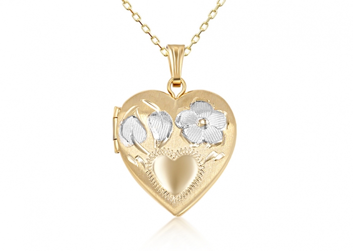 Fiori 10K Gold 2-Tone Flower Heart Engraved Heart Shaped Romantic Locket  Pendant